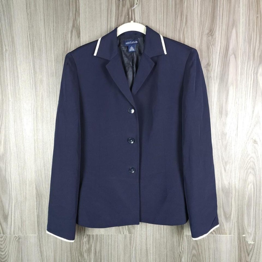 Ann Taylor Navy Blue 100% Silk Blazer White Contrast Trim 3-Button Jacket Size 4
